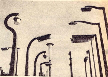A sample collection of current production lamp-posts, which was assembled for a lighting engineers' conference at Folkstone in 1955